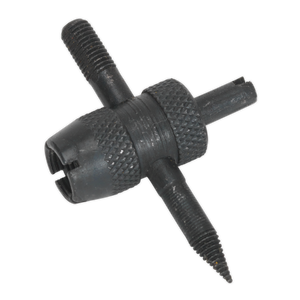 Close-up of the Sealey Tyre Valve Service Tool - TST/VT, showcasing its black metal body with a textured, cylindrical handle and two T-shaped grips for adjusting, all featuring a durable phosphate finish.