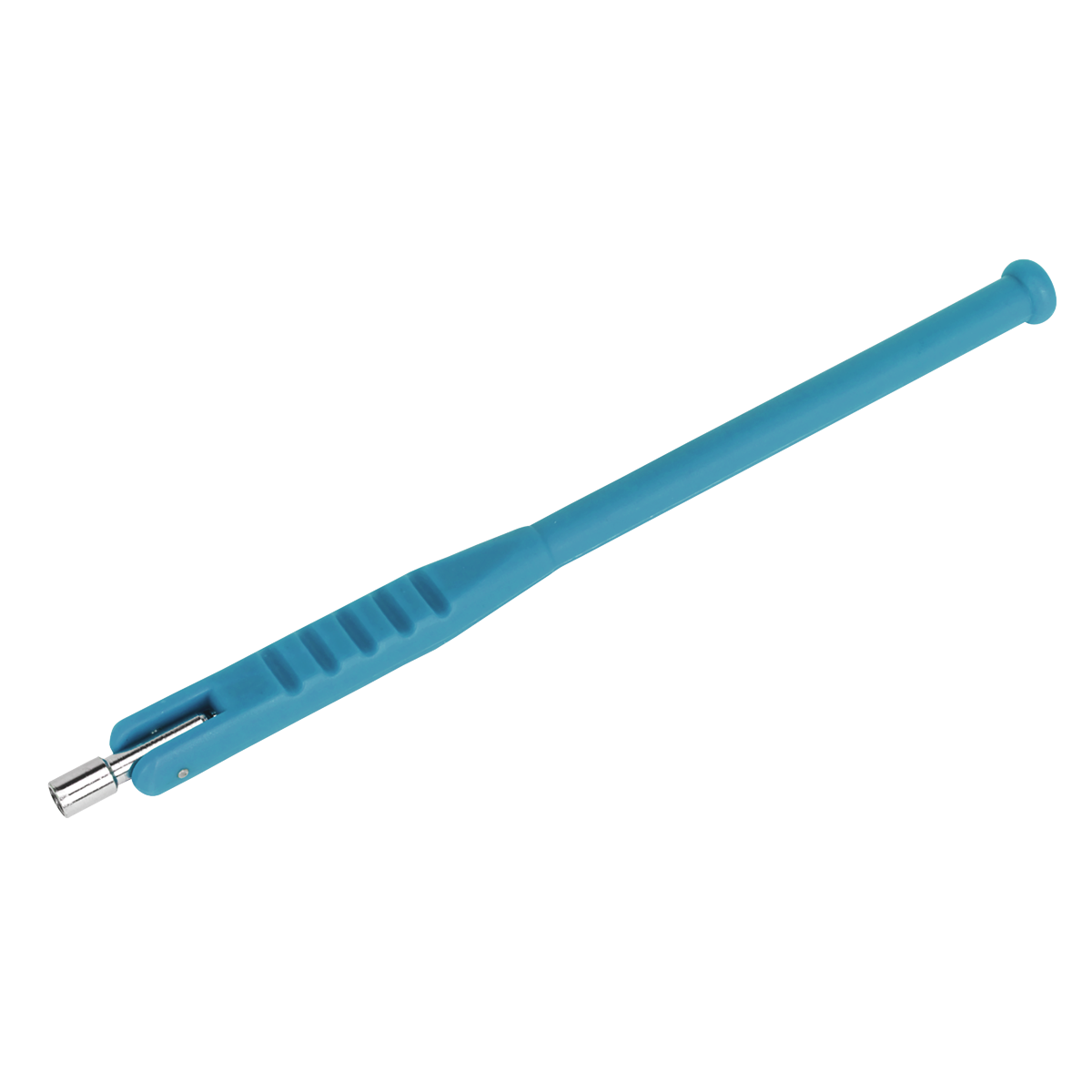 The Tyre Valve Installer - Alloy Rims - TST04 by Sealey features a blue handle and an extendable metal rod, making it ideal for handling small metallic objects while working on tubeless wheels.