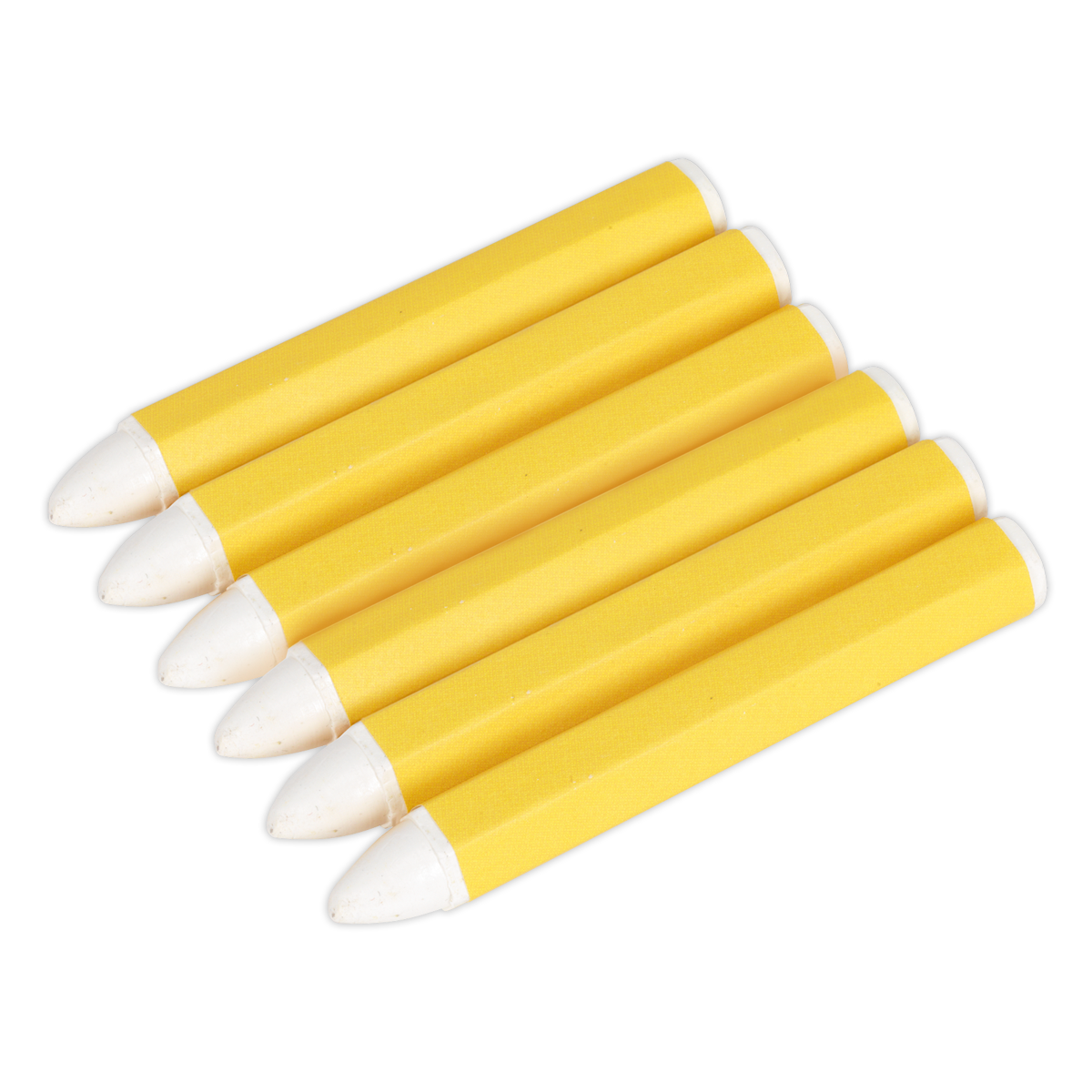 Five Sealey Tyre Marking Crayon pieces, part of the White Pack of 6 (TST13), are arranged in a diagonal line against a white background.