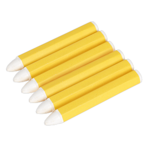 Five Sealey Tyre Marking Crayon pieces, part of the White Pack of 6 (TST13), are arranged in a diagonal line against a white background.