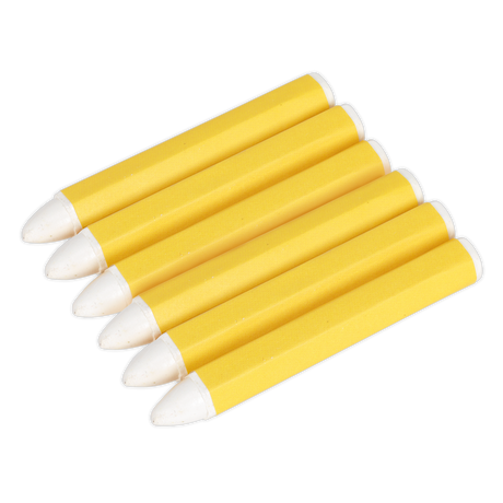 Five Sealey Tyre Marking Crayon pieces, part of the White Pack of 6 (TST13), are arranged in a diagonal line against a white background.