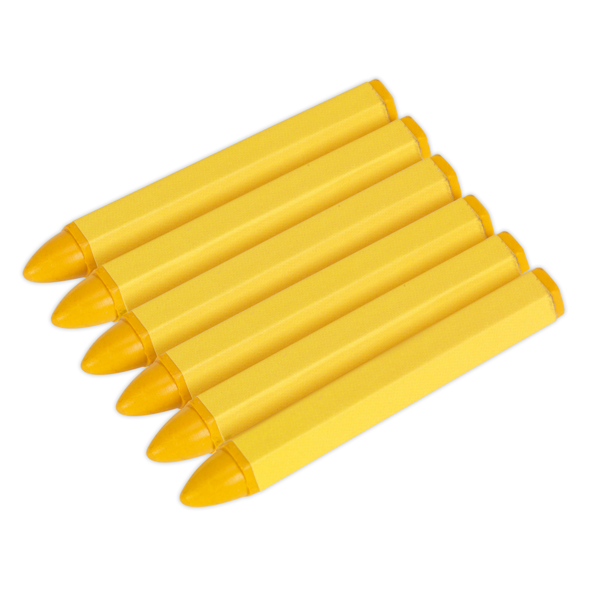 A cluster of six Tyre Marking Crayons in yellow from the Sealey brand, positioned side by side and diagonally oriented from the bottom left to top right, resembles a toolkit ready to repair a damaged surface.