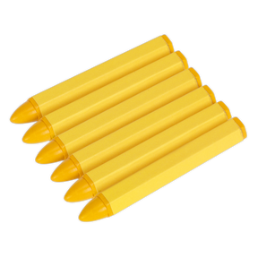 A cluster of six Tyre Marking Crayons in yellow from the Sealey brand, positioned side by side and diagonally oriented from the bottom left to top right, resembles a toolkit ready to repair a damaged surface.