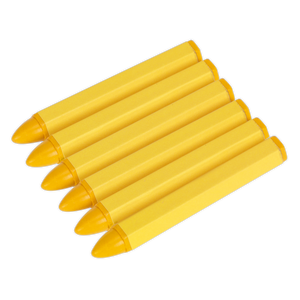 A cluster of six Tyre Marking Crayons in yellow from the Sealey brand, positioned side by side and diagonally oriented from the bottom left to top right, resembles a toolkit ready to repair a damaged surface.