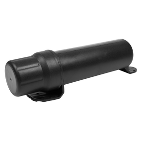 The Sealey Waterproof Document & Tool Storage Tube - TST80 is a black cylindrical container with a capped end, akin to a waterproof storage tube, securely mounted on a flat base with two brackets.