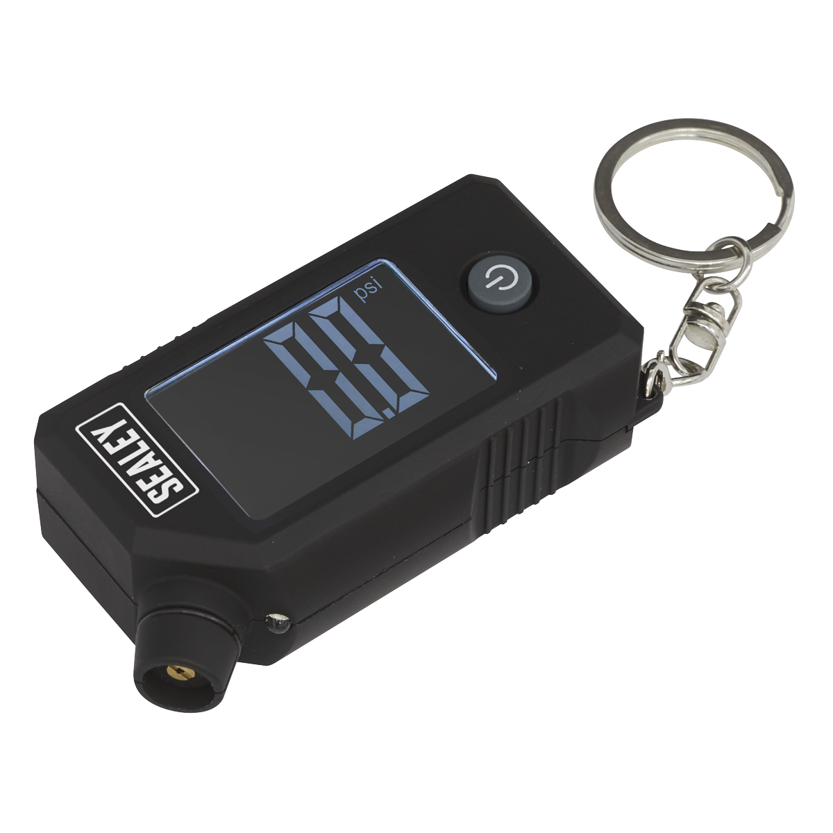 The Sealey Digital Tyre Pressure & Tread Depth Gauge with LED - TSTPG12 is a pocket-size accessory featuring a keychain attachment and a backlit LCD display, providing precise tyre pressure readings down to 0.0 psi.