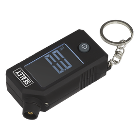 The Sealey Digital Tyre Pressure & Tread Depth Gauge with LED - TSTPG12 is a pocket-size accessory featuring a keychain attachment and a backlit LCD display, providing precise tyre pressure readings down to 0.0 psi.