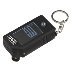 The Sealey Digital Tyre Pressure & Tread Depth Gauge with LED - TSTPG12 is a pocket-size accessory featuring a keychain attachment and a backlit LCD display, providing precise tyre pressure readings down to 0.0 psi.