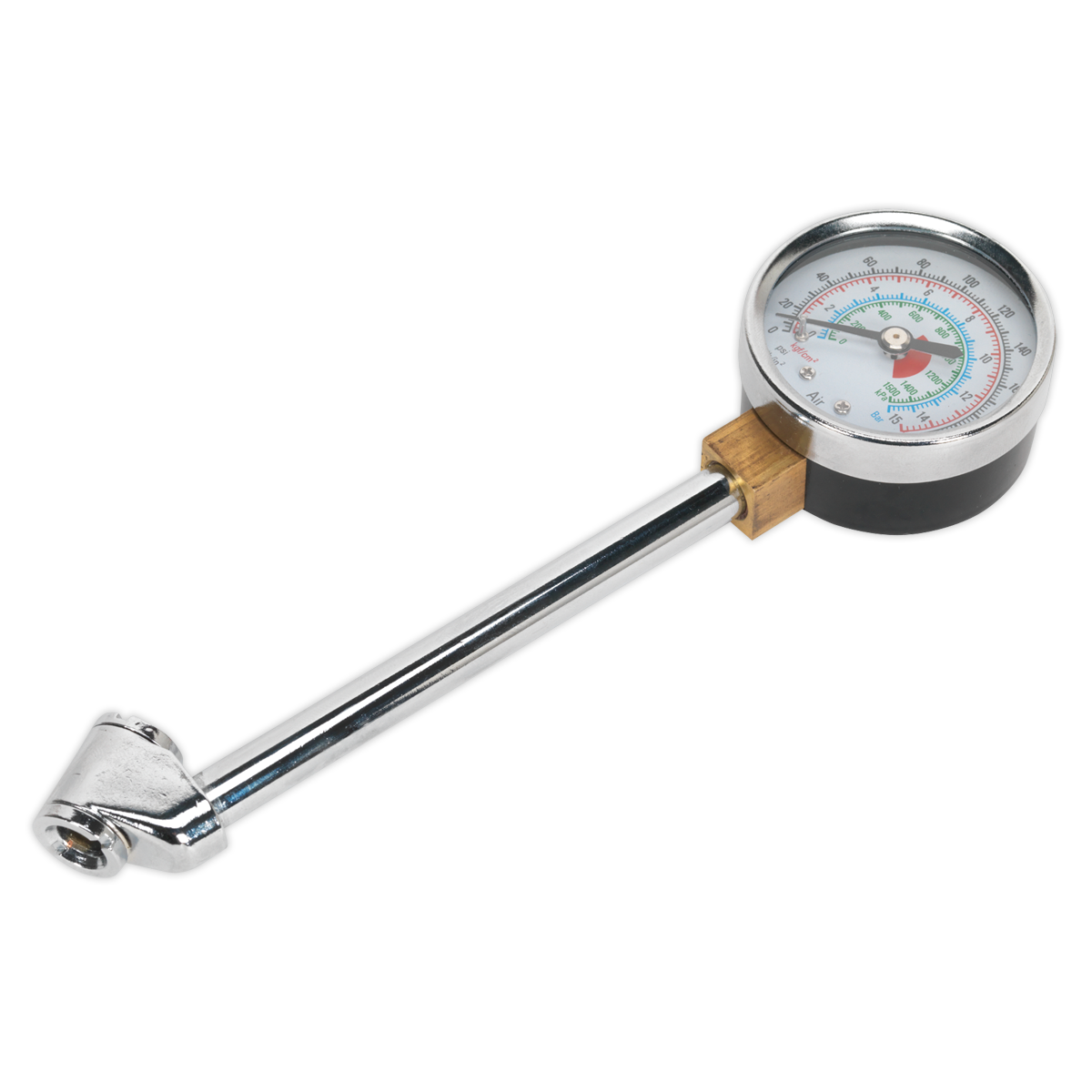 The Sealey Twin Connector Tyre Pressure Gauge, model TSTPG34, features a circular dial display, a high range scale of 0-220psi, and a straight handle.