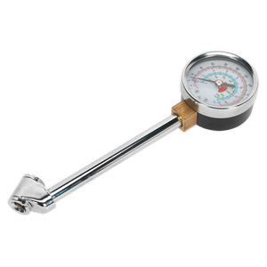 The Sealey Twin Connector Tyre Pressure Gauge, model TSTPG34, features a circular dial display, a high range scale of 0-220psi, and a straight handle.