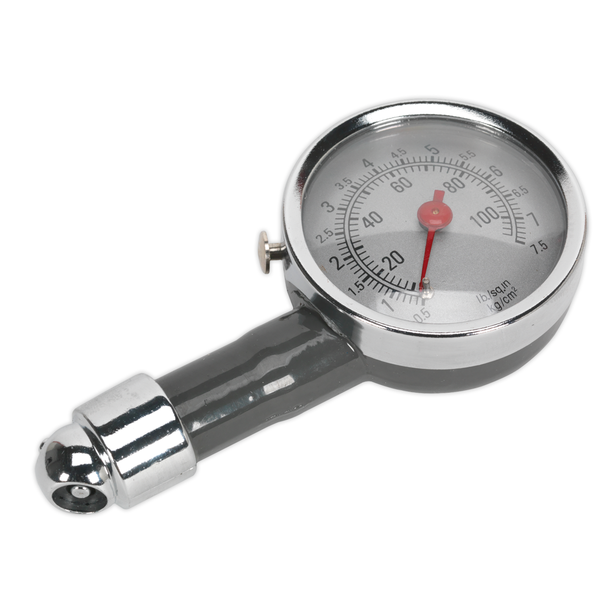 The Sealey Dial Type Pressure Gauge (model TSTPG43) is a silver analog tire pressure gauge with a round dial displaying measurements from 0 to 100psi, featuring a red indicator needle and a sturdy valve connector.