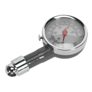 The Sealey Dial Type Pressure Gauge (model TSTPG43) is a silver analog tire pressure gauge with a round dial displaying measurements from 0 to 100psi, featuring a red indicator needle and a sturdy valve connector.