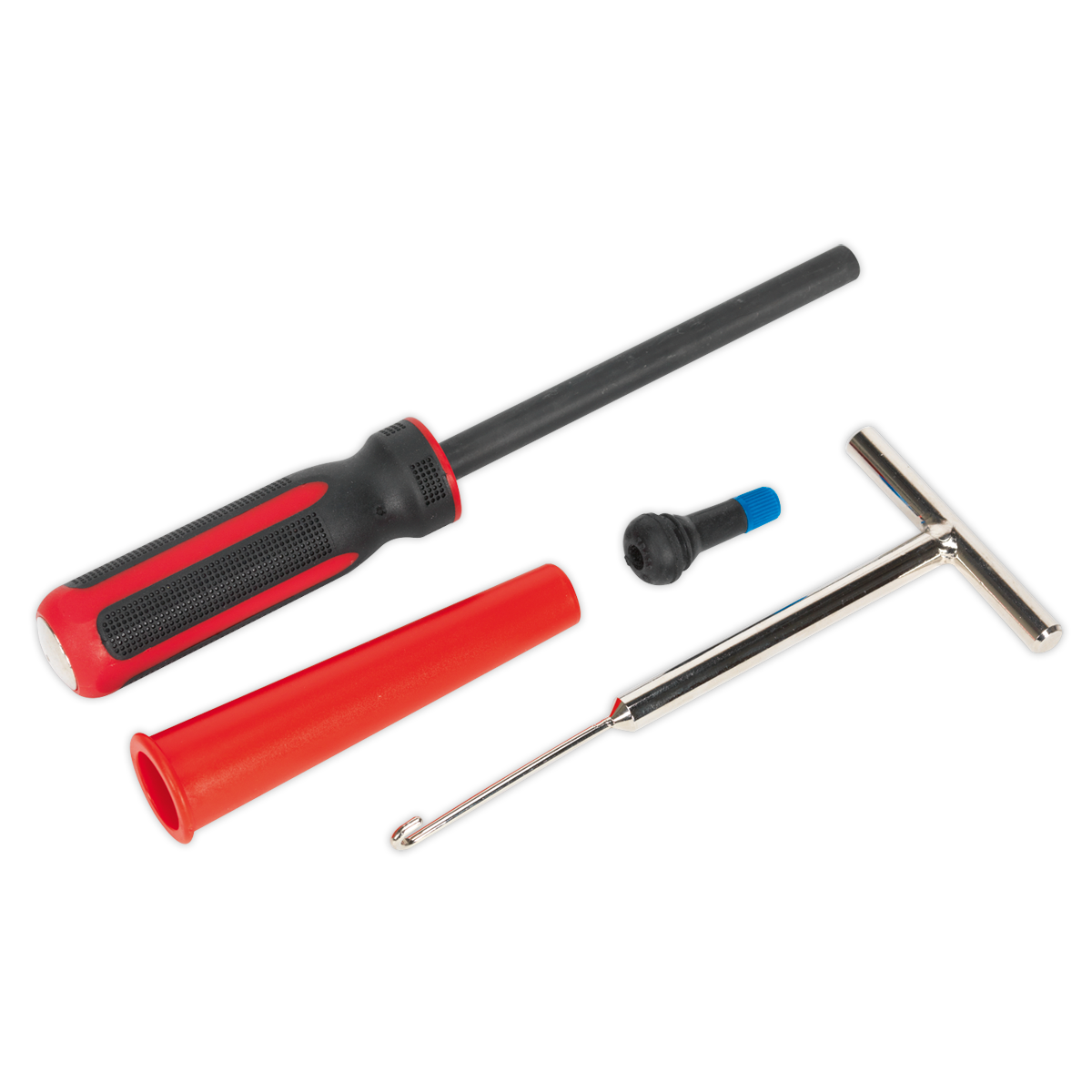 A set of tools from Sealey, including a time-saving TSTVRK Tyre Valve Removal/Installation Tool: a screwdriver with a red and black handle, a red cylindrical case, a small blue and black tool, and a T-shaped metal valve hook tool.