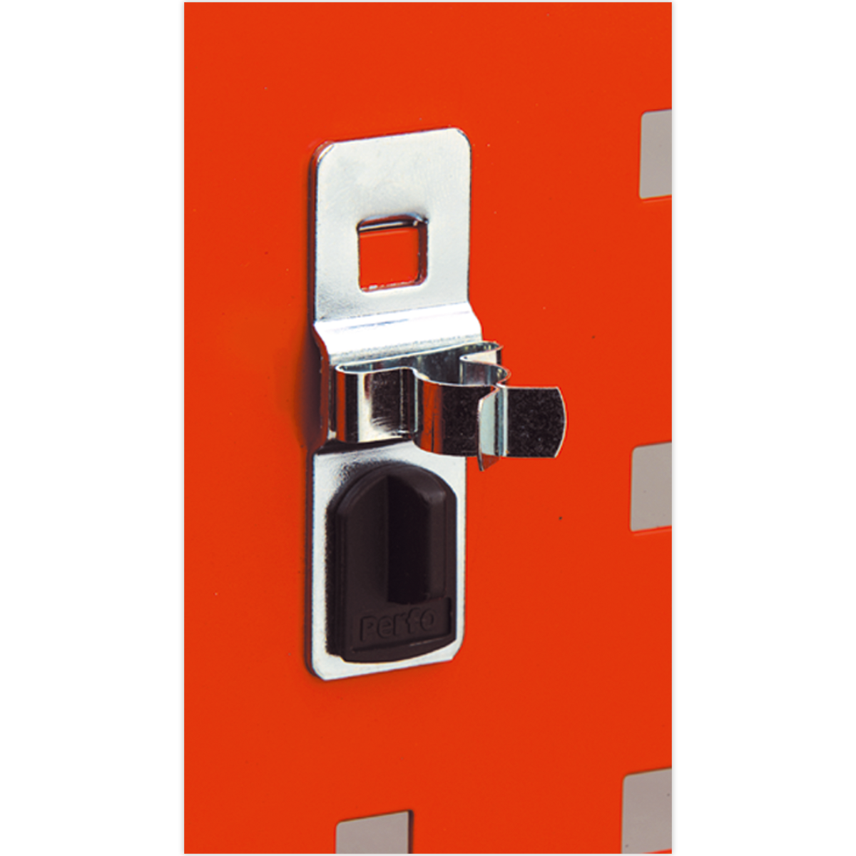 A close-up of a metal latch, part of the Sealey Spring Clip 13mm Pack of 5 - TTS10, fastened onto an orange surface with a black locking mechanism.