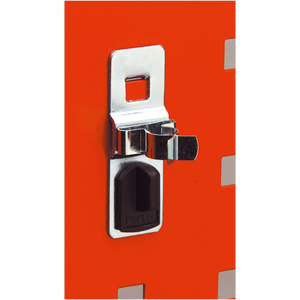 A close-up of a metal latch, part of the Sealey Spring Clip 13mm Pack of 5 - TTS10, fastened onto an orange surface with a black locking mechanism.