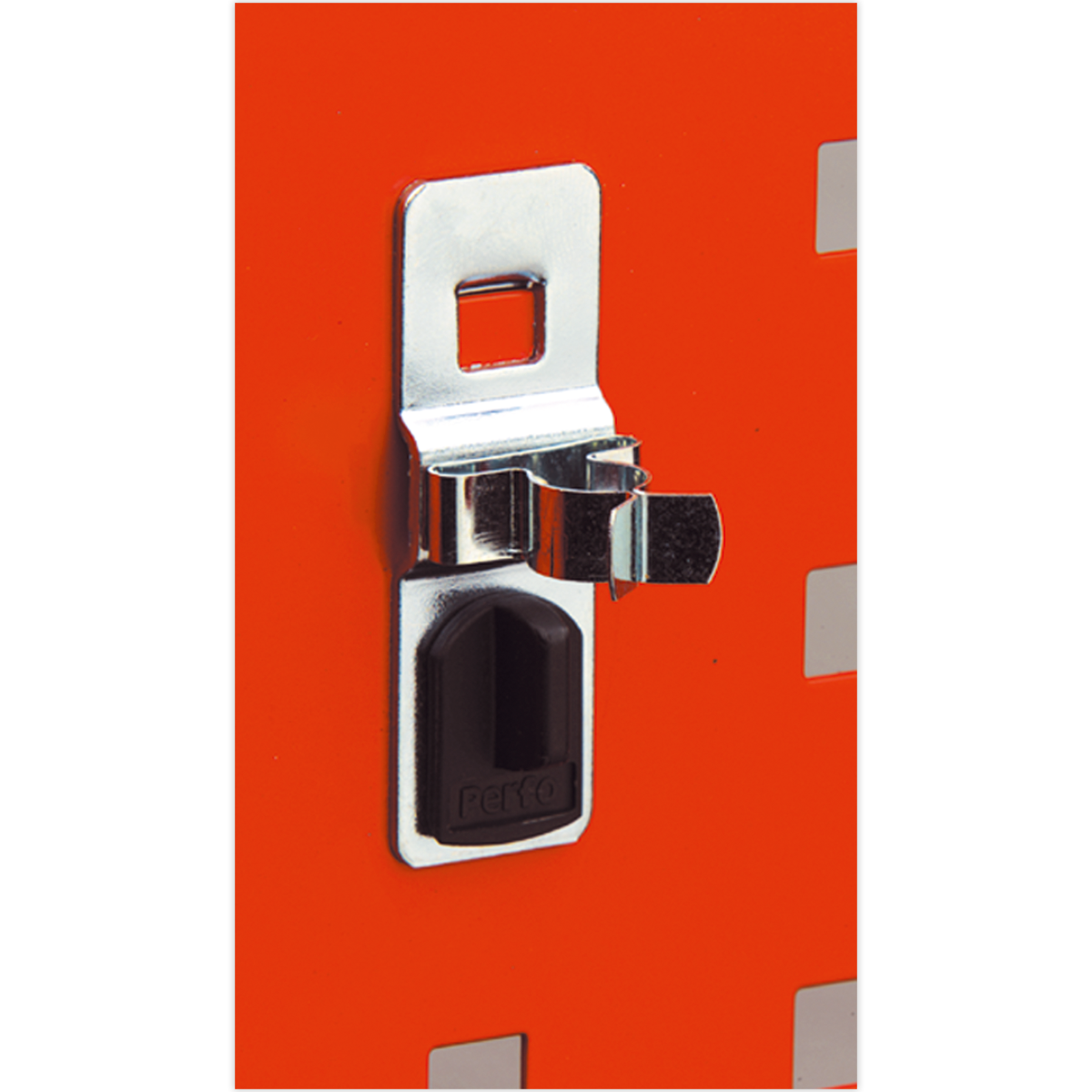 Close-up of a Spring Clip 19mm Pack of 5 - TTS12 by Sealey on a red PerfoWall panel with a rectangular cut-out above the clip and a black component labeled "Perko.