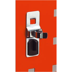 Close-up of a Spring Clip 19mm Pack of 5 - TTS12 by Sealey on a red PerfoWall panel with a rectangular cut-out above the clip and a black component labeled "Perko.