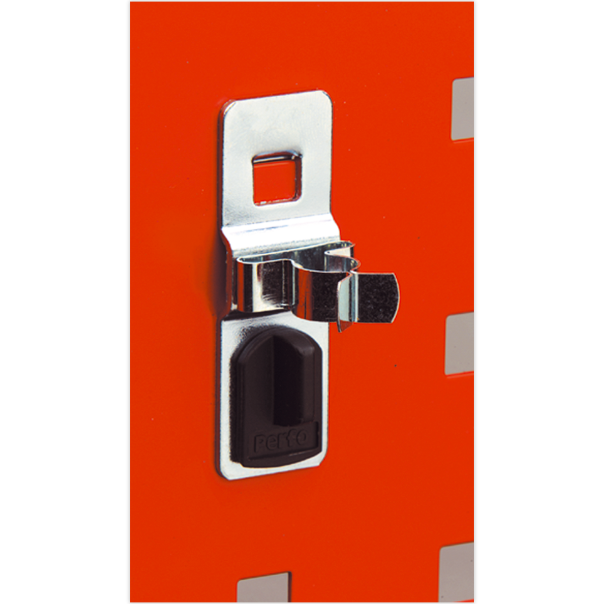 A Spring Clip 25mm Pack of 5 - TTS13 by Sealey featuring a metal latch on an orange surface with a small rectangular cutout and black locking mechanism, seamlessly integrating with PerfoWall panels for versatile accessories organization.