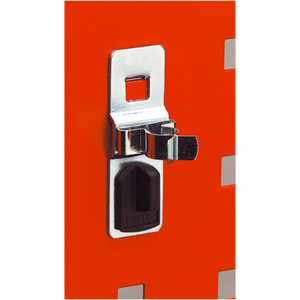 A Spring Clip 25mm Pack of 5 - TTS13 by Sealey featuring a metal latch on an orange surface with a small rectangular cutout and black locking mechanism, seamlessly integrating with PerfoWall panels for versatile accessories organization.