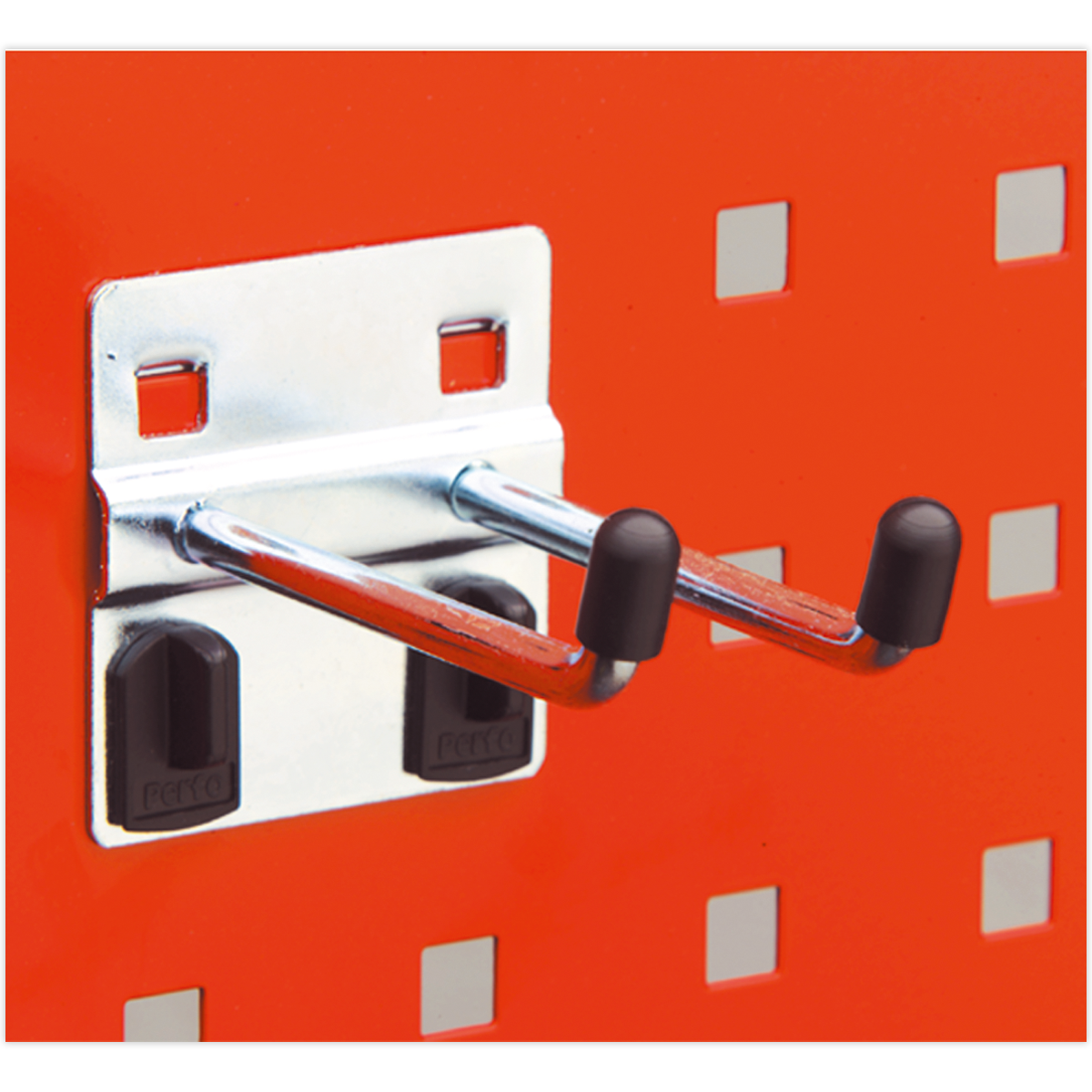 A Sealey Double Prong Hook 6 x 25mm Angled End (Pack of 5 - TTS20), featuring black caps, is mounted on a PerfoWall perforated orange board for easy organization of accessories.