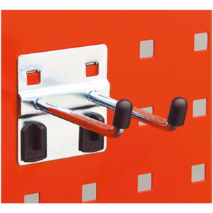 A Sealey Double Prong Hook 6 x 25mm Angled End (Pack of 5 - TTS20), featuring black caps, is mounted on a PerfoWall perforated orange board for easy organization of accessories.