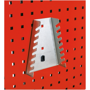 A Spanner Holder for 8 Spanners - TTS26 by Sealey attached to a red PerfoWall panel with evenly spaced square holes.