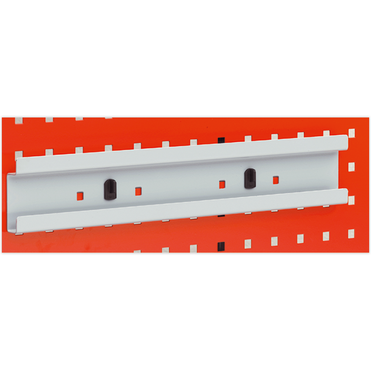 A Plastic Bin Holder Strip 450mm - TTS32 by Sealey is mounted on a red PerfoTool panel.