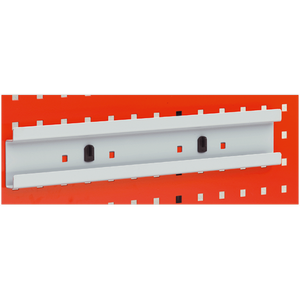 A Plastic Bin Holder Strip 450mm - TTS32 by Sealey is mounted on a red PerfoTool panel.