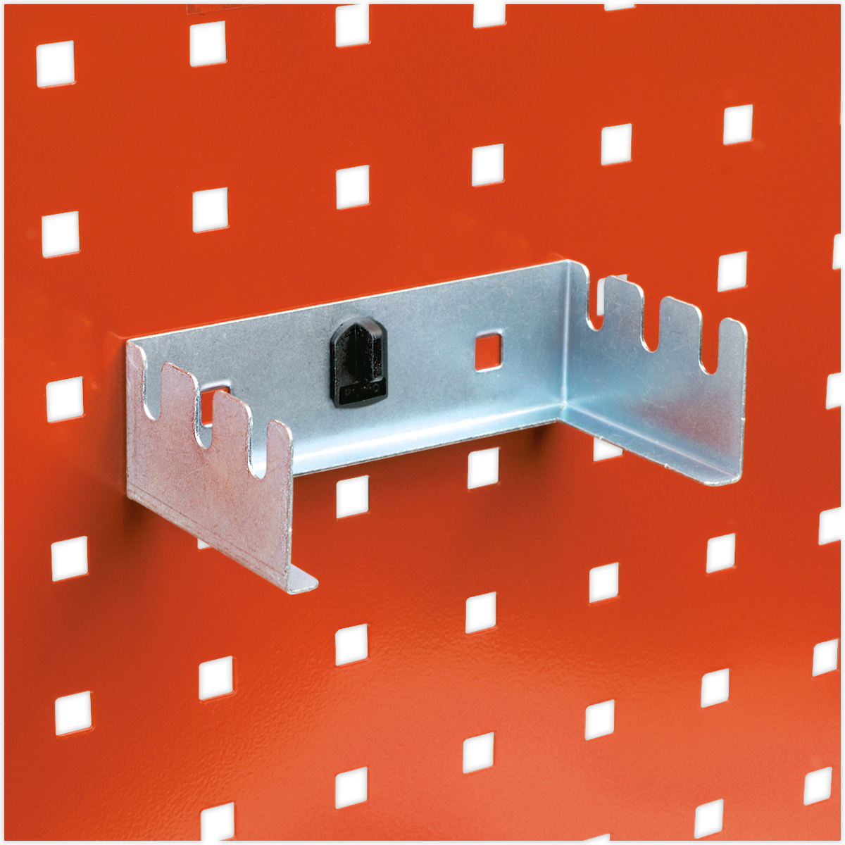 The Sealey Hacksaw Holder for 3 Hacksaws (TTS39) is securely attached to a perforated red panel with square holes, integrating seamlessly with PerfoWall panels and is compatible with Model No's API1103A and PerfoTool accessories.