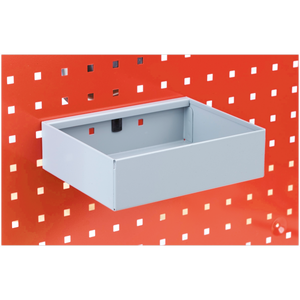 A Storage Tray for PerfoTool/Wall Panels 225 x 175 x 65mm - TTS40 by Sealey is attached to a red perforated PerfoWall panel.