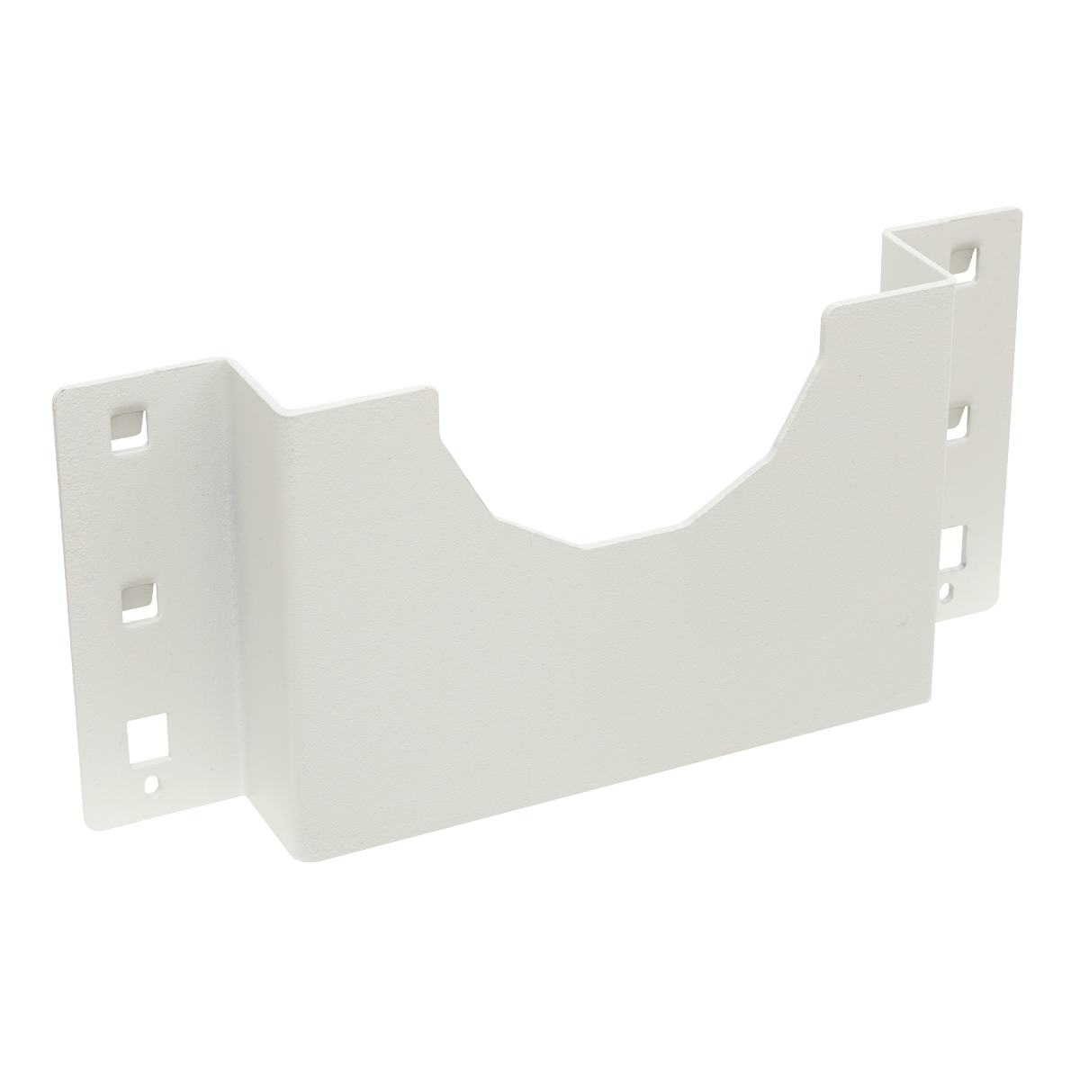 A white, L-shaped Angle Grinder Holder 85mm - TTS43 by Sealey, featuring multiple square holes on its sides, perfect for mounting on PerfoWall panels.