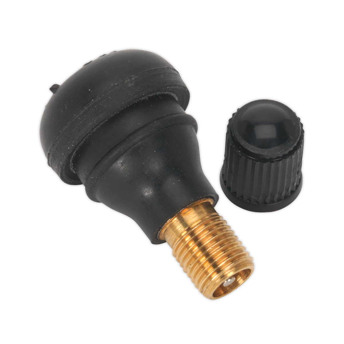 A black and brass-colored Sealey Tyre Valve Tubeless Snap-in Type TR412, including a matching black cap.