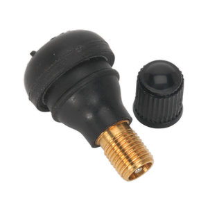 A black and brass-colored Sealey Tyre Valve Tubeless Snap-in Type TR412, including a matching black cap.