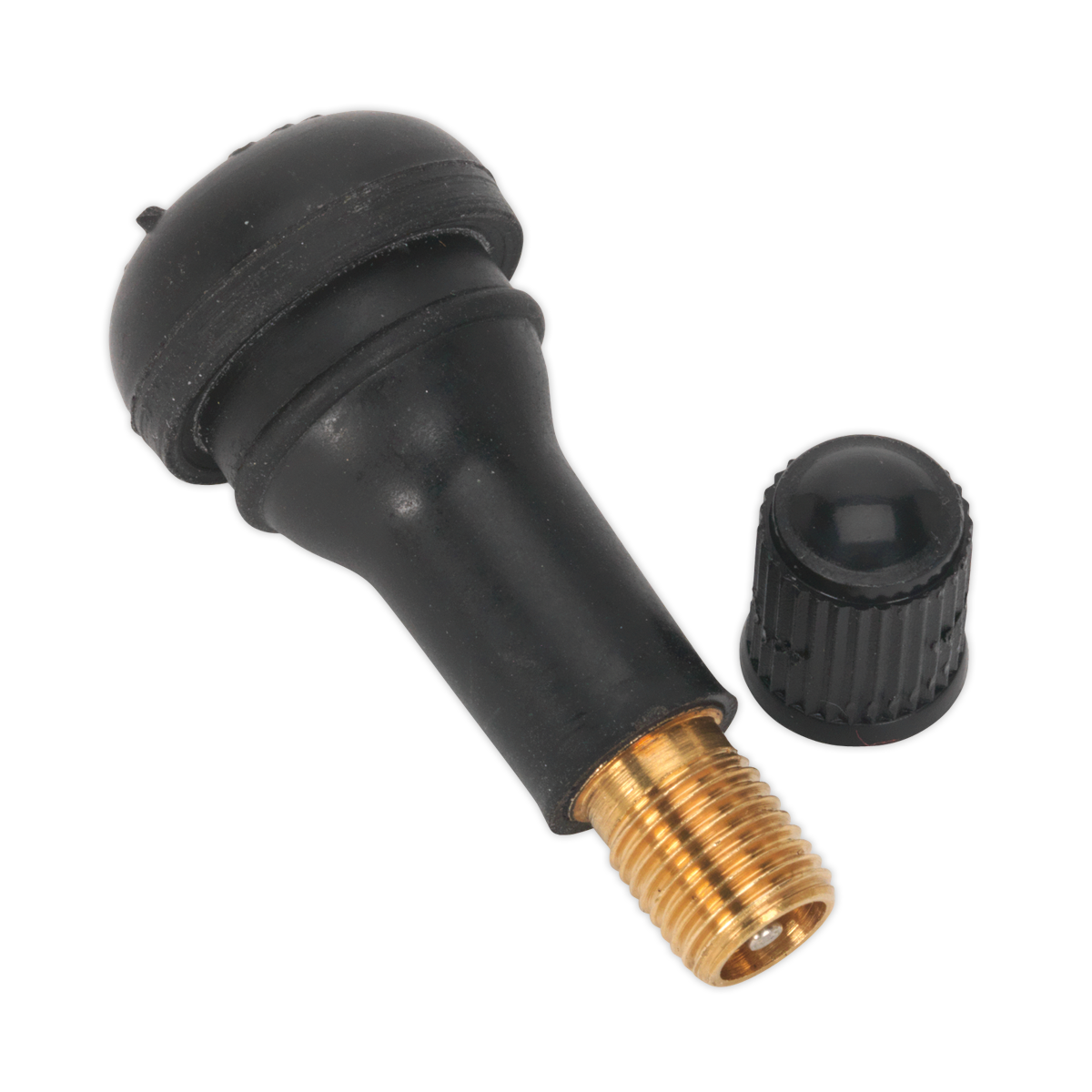 The Sealey Tyre Valve Tubeless Snap-in Type TR413 (Pack of 100 - TV413) features a black rubber tire valve stem with a brass base and a separate black plastic cap, crafted from durable EDPM rubber, making it perfect for tubeless tyre valves.