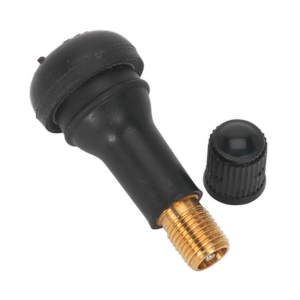 The Sealey Tyre Valve Tubeless Snap-in Type TR413 (Pack of 100 - TV413) features a black rubber tire valve stem with a brass base and a separate black plastic cap, crafted from durable EDPM rubber, making it perfect for tubeless tyre valves.