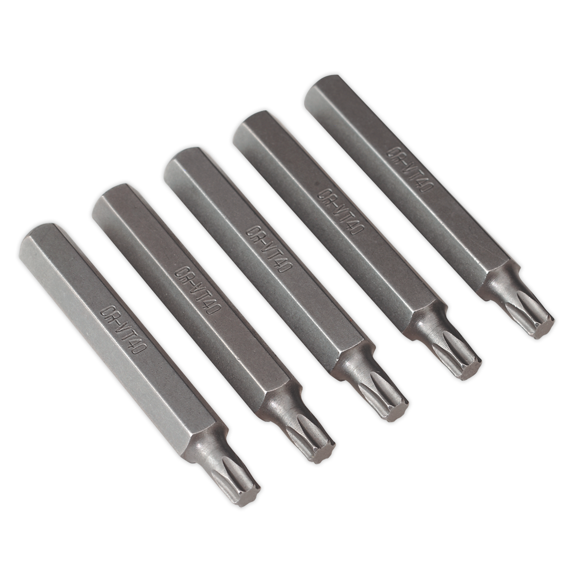 Five identical TRX-Star* T40 screwdriver bits, crafted from Chrome Vanadium for professional use, are laid out in a row against a plain background.