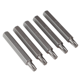 Five identical TRX-Star* T40 screwdriver bits, crafted from Chrome Vanadium for professional use, are laid out in a row against a plain background.