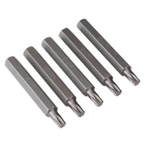 Five identical TRX-Star* T40 screwdriver bits, crafted from Chrome Vanadium for professional use, are laid out in a row against a plain background.