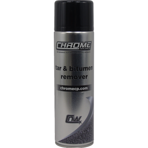 A can of JMCE DEALS Chrome - Tar/Bitumen Remover (Aerosol) with a black cap and silver body, featuring the brand logo and website chromecp.com.