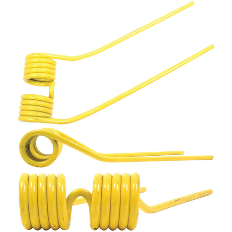 Three yellow Tedder haytines from Sparex, each featuring two extended arms, are showcased against a white background. They vary in coil configuration and arm positioning. These haytines, designed for precision and fitting various equipment models such as Galfre and Niemeyer, exemplify the quality craftsmanship of Sparex's products.