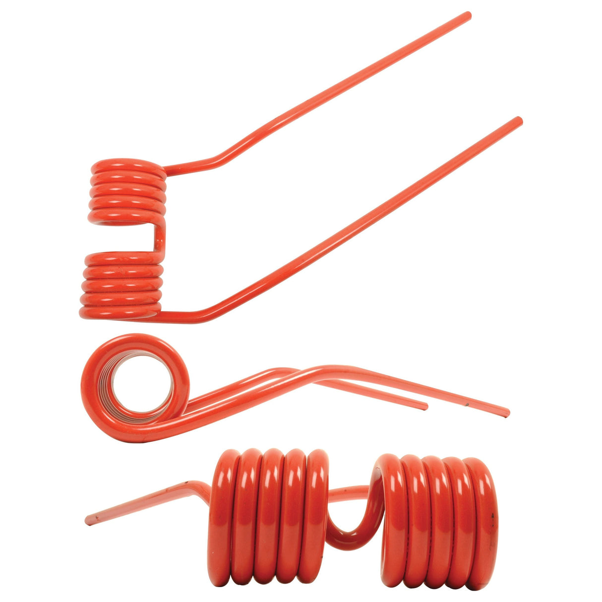 Three Tedder haytine springs, arranged in various orientations to highlight their coiled design and distinct curves. These springs, including the 410mm Niemeyer 600056 model (Sparex Part No.S.38387), demonstrate the precision engineering for which Sparex is renowned.