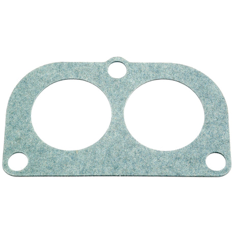 A flat, rectangular gasket with two large circular openings and three smaller circular holes, made of a greenish-blue material, ideal for John Deere engine parts. This product is known as the Thermostat Gasket | Sparex Part No.S.58815, manufactured by Sparex.