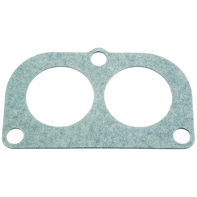 A flat, rectangular gasket with two large circular openings and three smaller circular holes, made of a greenish-blue material, ideal for John Deere engine parts. This product is known as the Thermostat Gasket | Sparex Part No.S.58815, manufactured by Sparex.