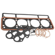 Assorted engine gaskets arranged on a white background, including a metal-reinforced head gasket and various smaller gaskets of different shapes and sizes. The Sparex Top Gasket Set - 4 Cyl. (TEA20 Petrol, 80mm) | Sparex Part No.S.43010 is perfect for the TEA20 Petrol 4 Cylinder engine.