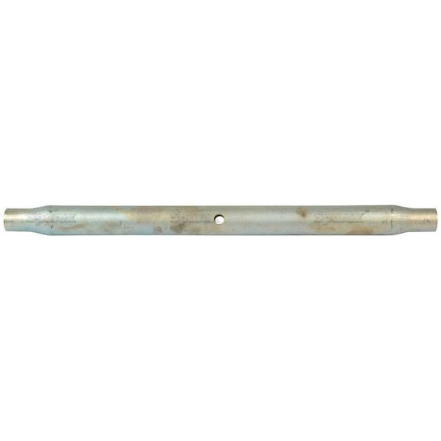 A Sparex Top Link Centre Tube - S.15657, featuring a zinc-coloured finish, tapered ends, and a central hole, lies horizontally on a white background.