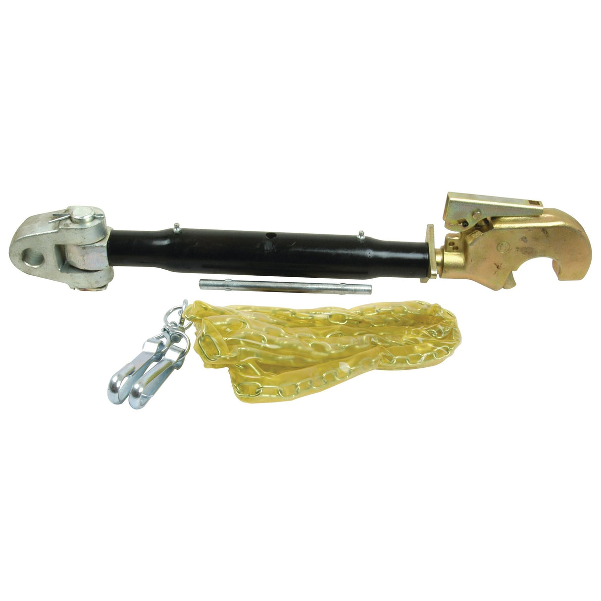 The Top Link Heavy Duty (Cat.3/2) Knuckle and Q.R. Hook, M36 x 3.00, with a minimum length of 710mm (Product Code: S.13990), by Sparex, is a robust towing chain assembly that includes a black cylindrical rod, a gold-colored chain, and two silver hooks on one end. Crafted from high-quality materials, it is perfect for various towing needs.