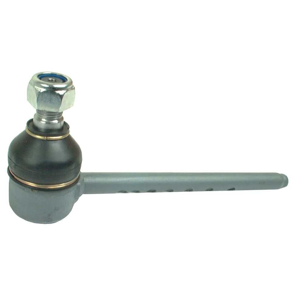 A metal automotive tie rod end, featuring a black rubber seal, an attached angled metal arm, and precise thread length, is ideal for compatibility with Sparex components. Introducing the Track Rod by Sparex, measuring 202mm in length - S.41408.