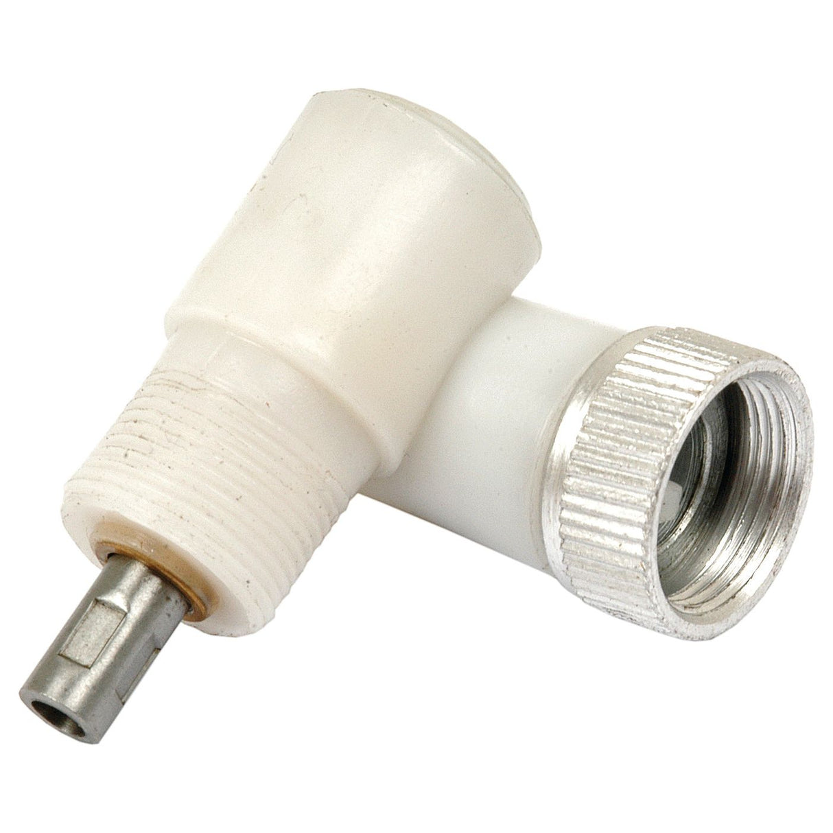 A white coaxial cable connector with a metallic screw end, resembling components from the Tractormeter Drive Unit by Sparex (Part No. S.62653), is displayed against a white background.