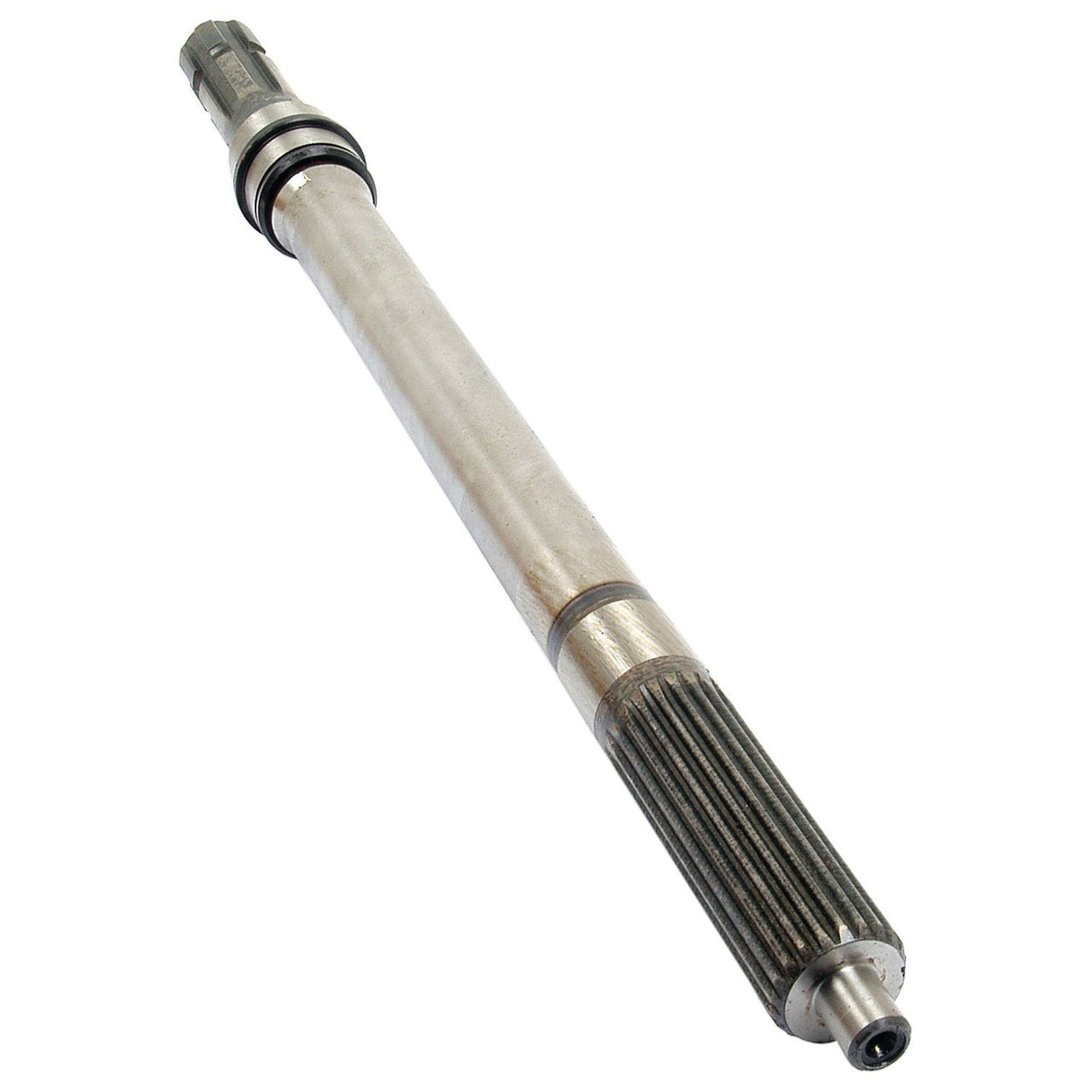 The Transmission PTO Output Shaft, Sparex Part No.S.40797 by Sparex, is a metal shaft featuring splines on both ends and several grooves along its length, similar to components found in Massey Ferguson machinery.