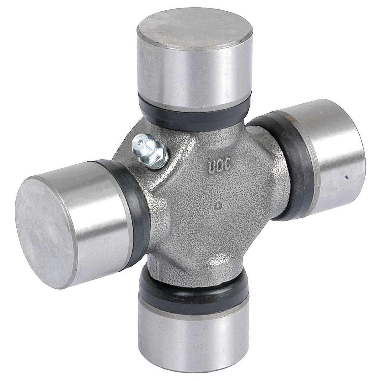 Image of a Sparex Universal Joint 30.2 x 92.0mm (Sparex Part No.S.42356) featuring four bearings at each end, a metallic central body with numbering, and a small grease fitting for maintenance.